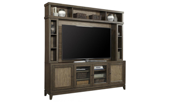 Westbrook 87” Entertainment Wall Unit Westbrook entertainment center features cord management and adjustable shelves.