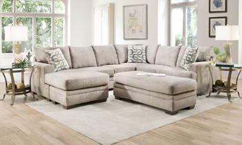Croft Sand Reversible Chaise Sectional Tan fabric upholstered reversible chair sectional couch.