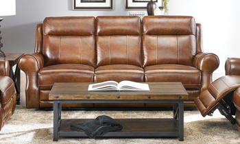 Oden Brown Leather Power Reclining Sofa Era Nouveau Roll Arm Sofa with Power Headrest, Power Recliner and USB Charging in Rich Brown Top Grain Leather