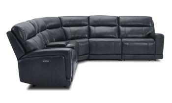 Keller Navy Leather Power Reclining Sectional - Side - Silo with Recliners Out Power sectional in navy top grain leather with three recliners. Affordable sectionals now on sale.