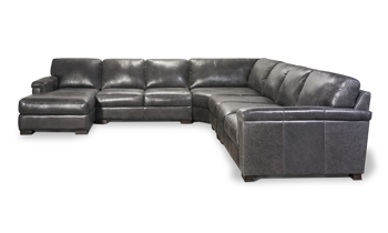 Medici Gray 7-Seat Left Chaise Sectional - Detail Arm & Cushion Detail shot of the Medici Gray Sectional layover style armrest and back cushion in dark Gray top grain leather.