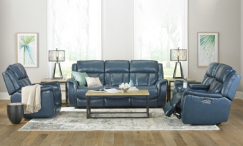 Prodigy Blue Leather Power Recliner 40” wide leather power recliner with USB charging ports.