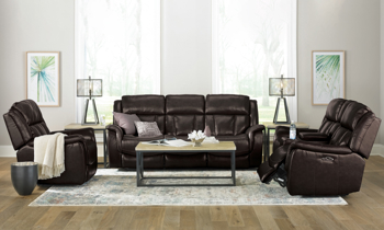 Prodigy Brown Leather Power Reclining Sofa - Angle Power reclining leather 86" wide couch in a rich brown color.